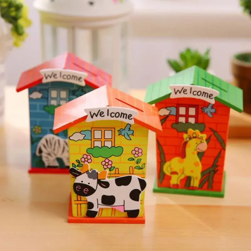 50pcs/lot Novelty Households Children Kids Gift Cartoon Storing Coin Bank / Wooden Saving Money Box