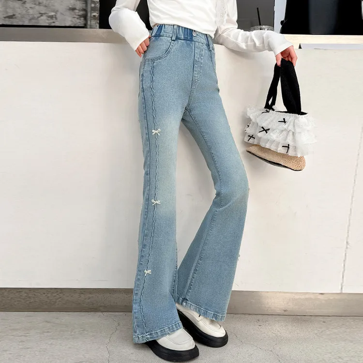 جينز بناتي 2025 جديد ربيع الخريف للأطفال لطيف الترفيه القوس الدنيم الأزرق الأطفال متوهج السراويل ملابس فتاة في سن المراهقة بنطلون 5-14 سنة #2