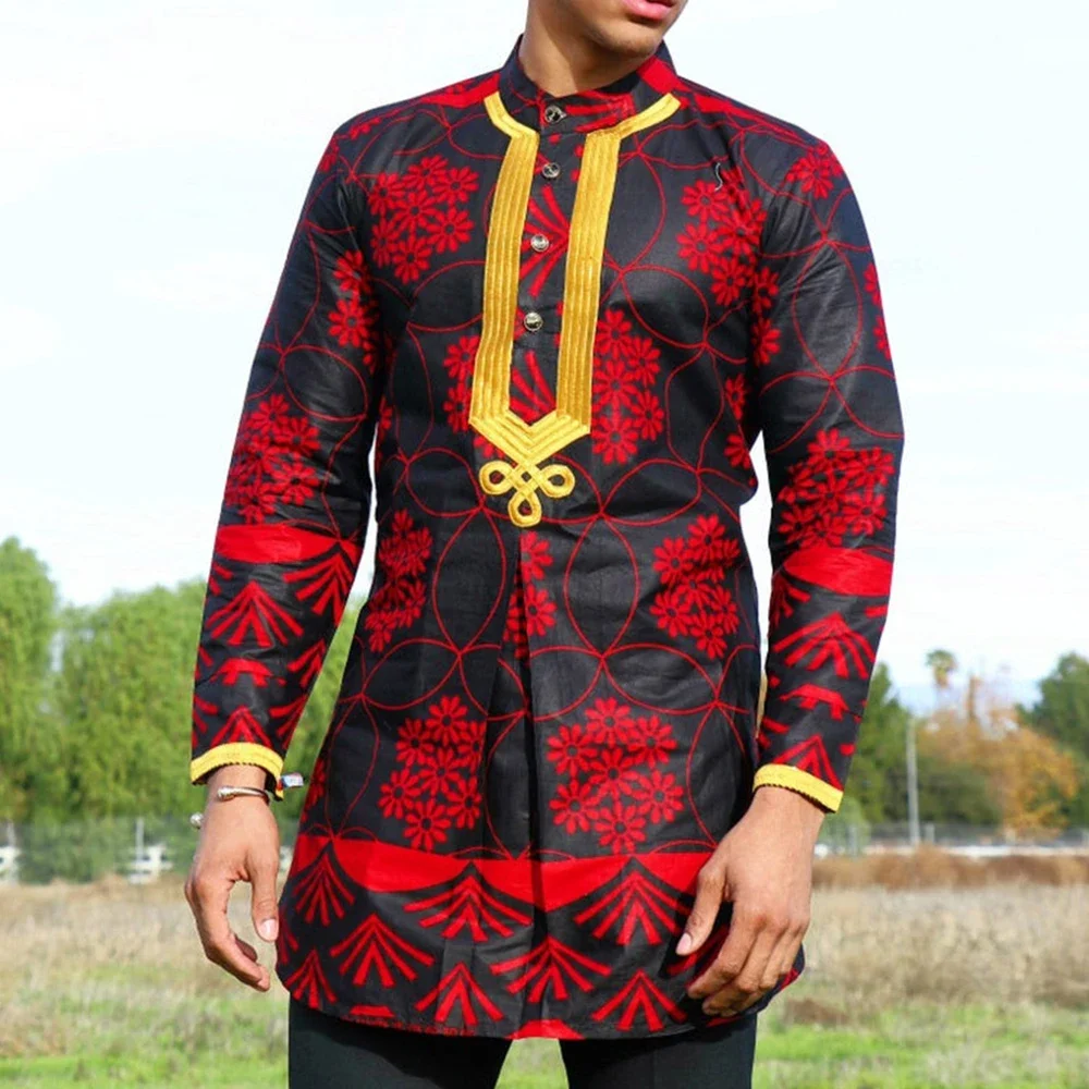 African Tribal Chiefs Men's Traditional Casual Round Neck Red Totem Embroidery Four Seasons Men's Casual Business Shirt Shirt