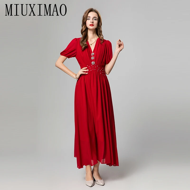 

MIUXIMAO 2025 Summer Fashion Long Dress Vintage V-neck Chiffon Red Diamonds Dress Beach Dress Women Vestides