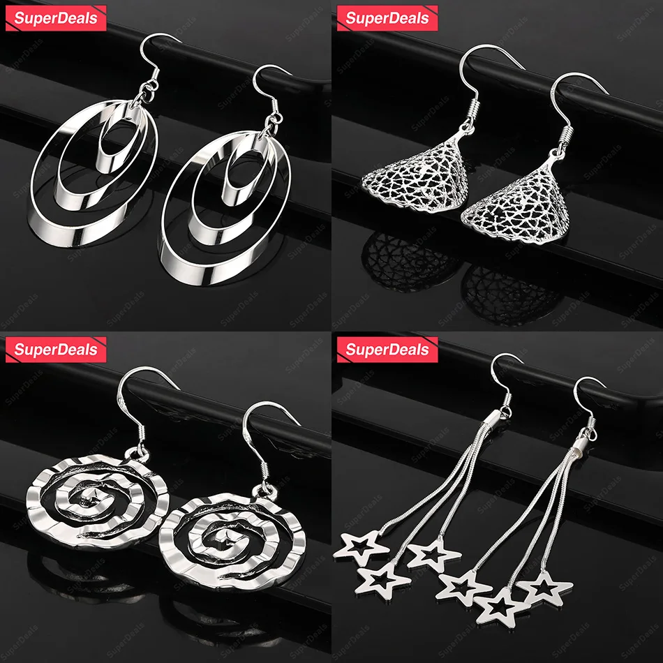 

SuperDeals 925 Sterling Silver Star Hollow Water Drop Three-circle Spiral Round Drop Earrings Lady Engagement Party Fine Jewelry