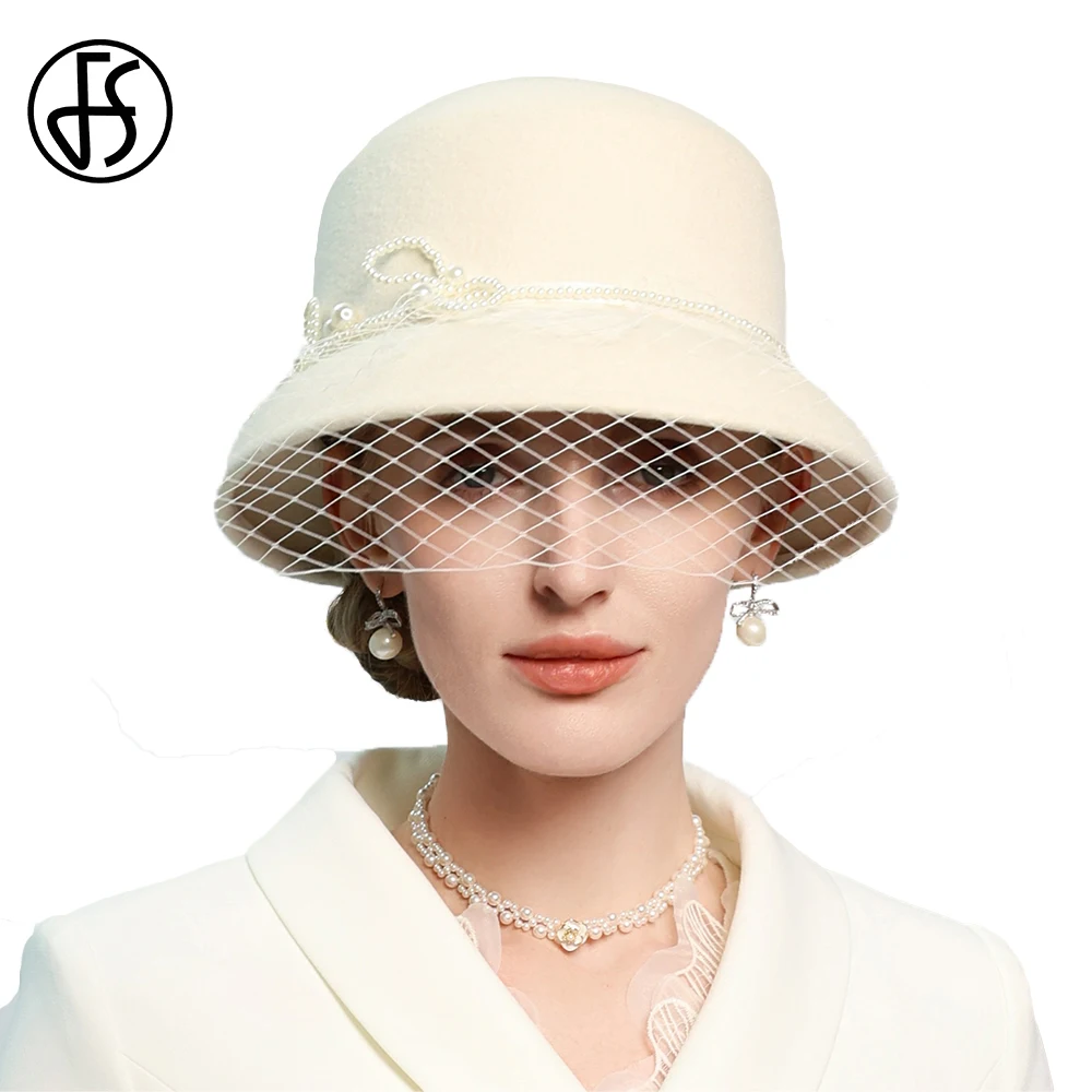 FS Formal Dress Fedora Elegant White Bowler Hats For Women With Faux Pearls Veil 2025 Wool Winter Cap Wedding Church Millinery