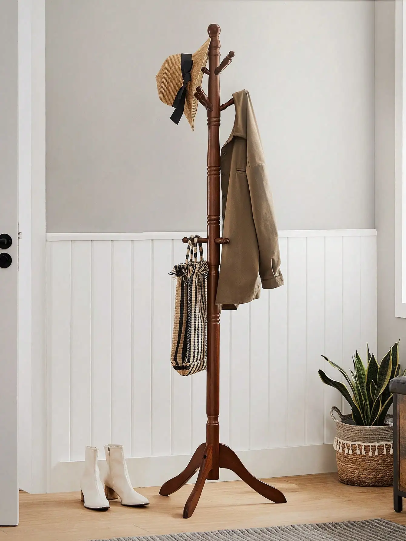 

VASAGLE Coat Rack, Solid Wood Coat Stand, Free Standing Hall Coat Tree With 10 Hooks For Coats, Hats, Bags, Purses, For Entry