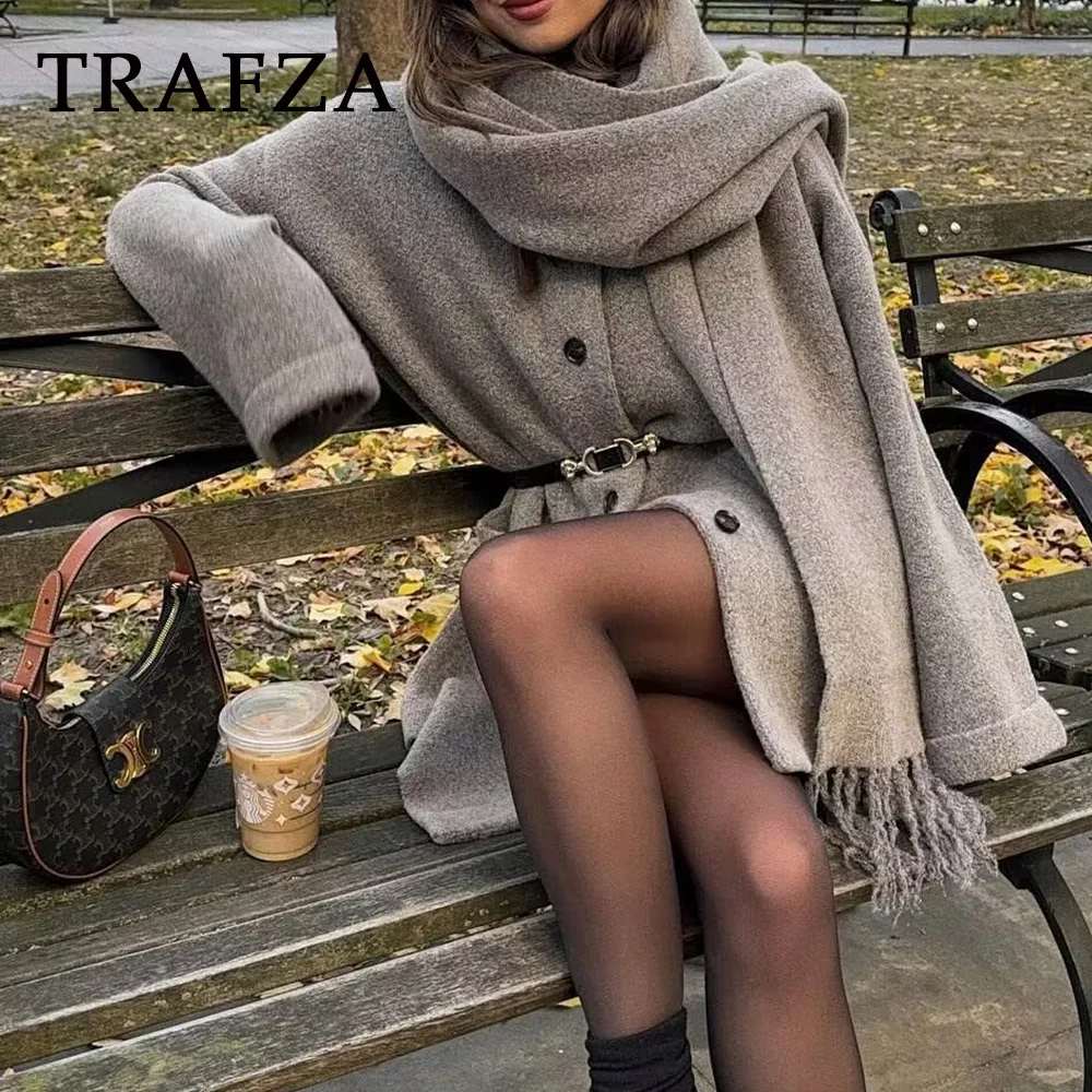 TRAFZA Chic Solid Winered Fashion 2024 Women Luxury Scarf Coat Slim Warm Vintage Long Winter Overcoat Single Breasted Outwear