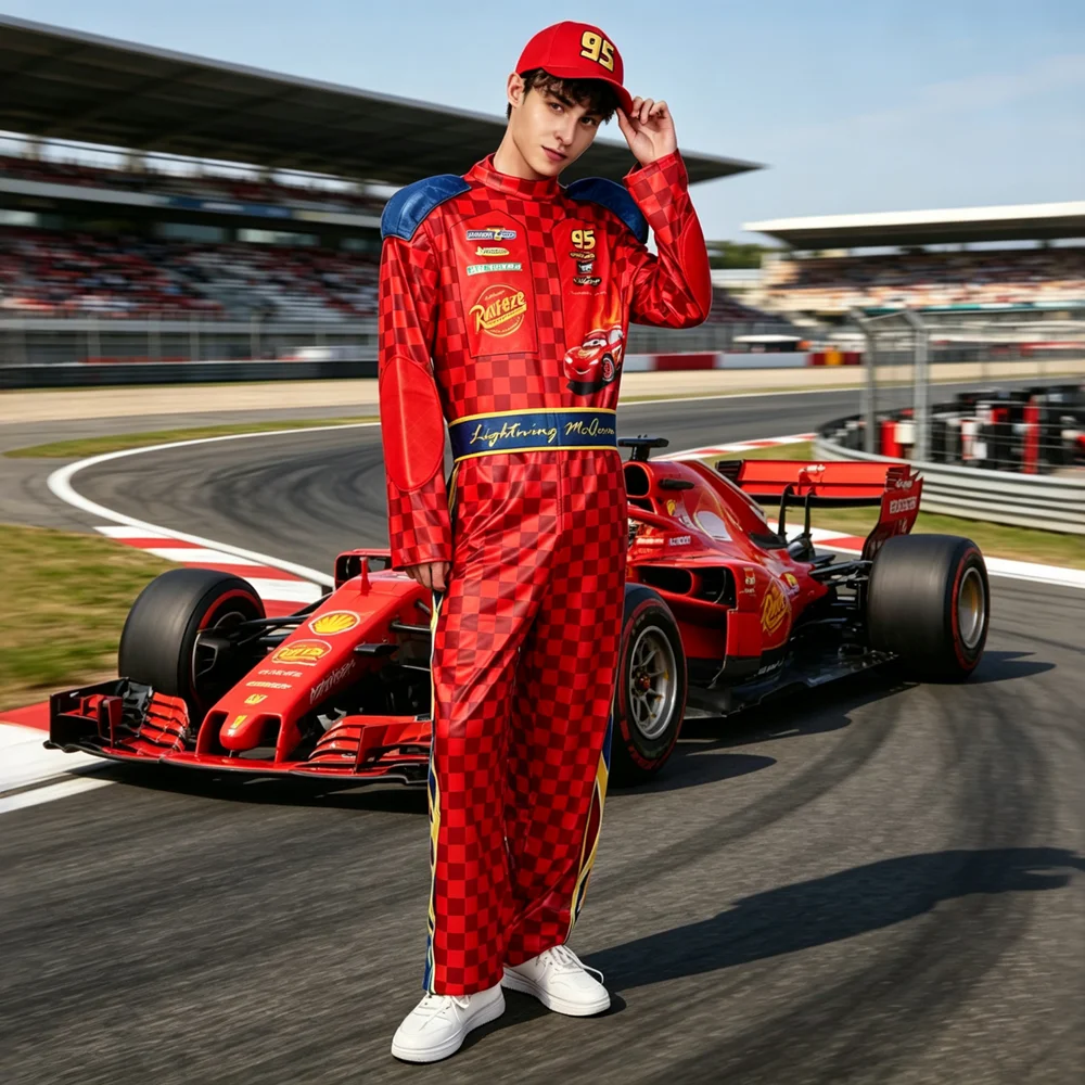 Adult Lightning Racing Driver Costume Men Red 95 Racer Jumpsuit with Hat Cosplay Outfit Halloween Carnival Party