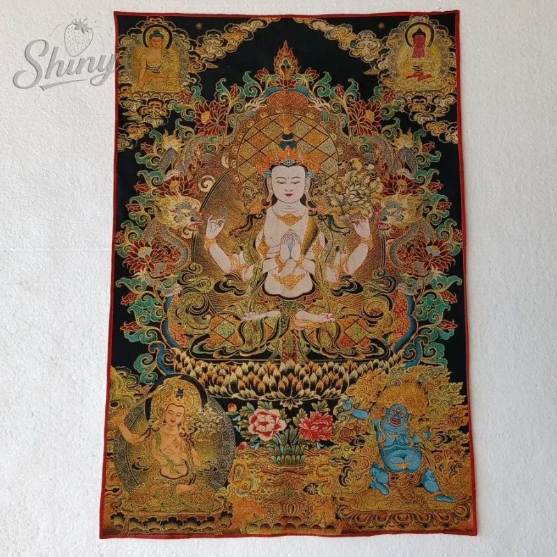 

35.4″ Four-Armed Avalokiteshvara Brocade Tibetan Tangka Embroidery Painting Gold Thread Embroidery Decorative Hanging Art