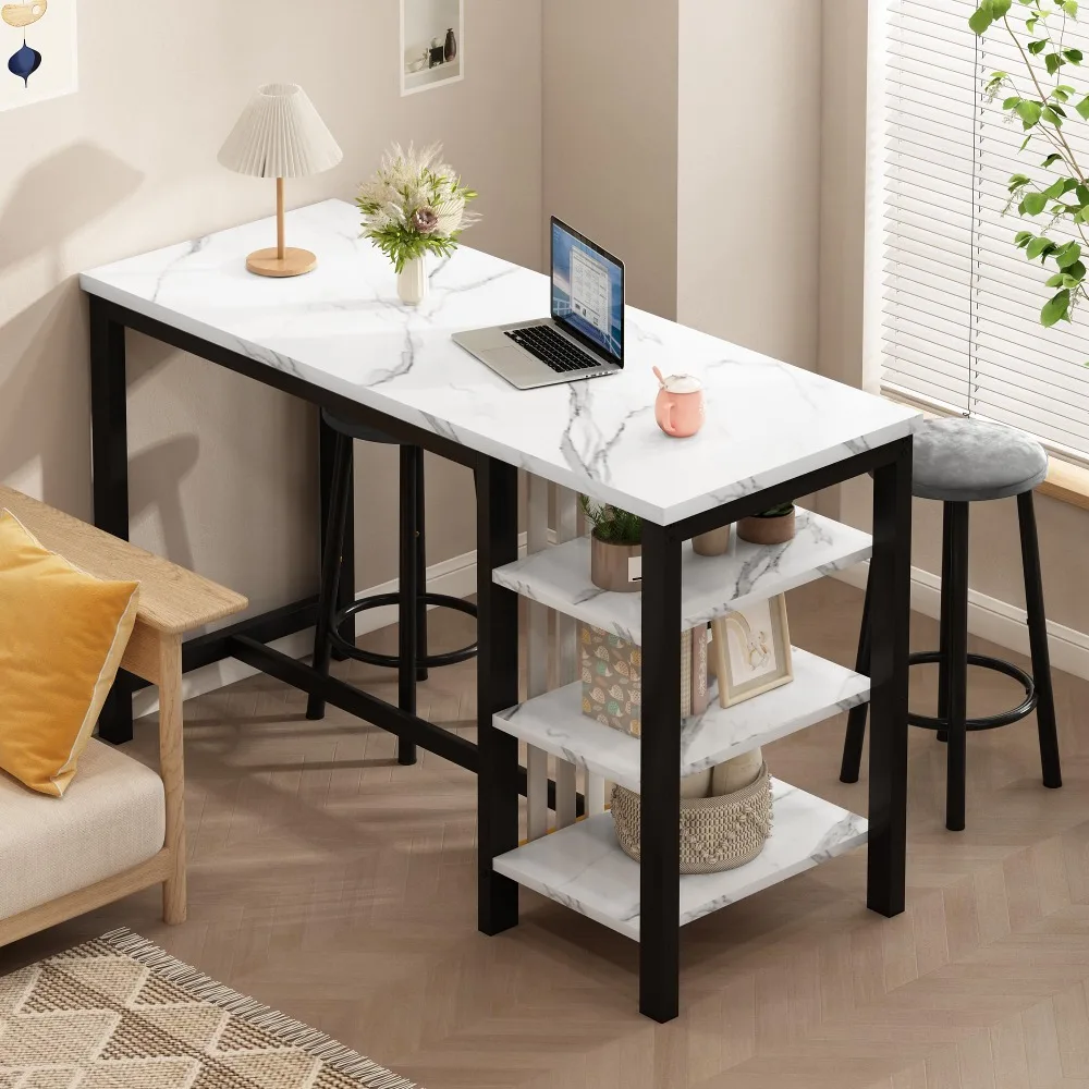 Conjunto de mesa de bar com prateleiras de armazenamento, mesa moderna de café da manhã em mármore falso branco de 47" com 2 bancos de veludo, conjunto de jantar de 3 peças para 2