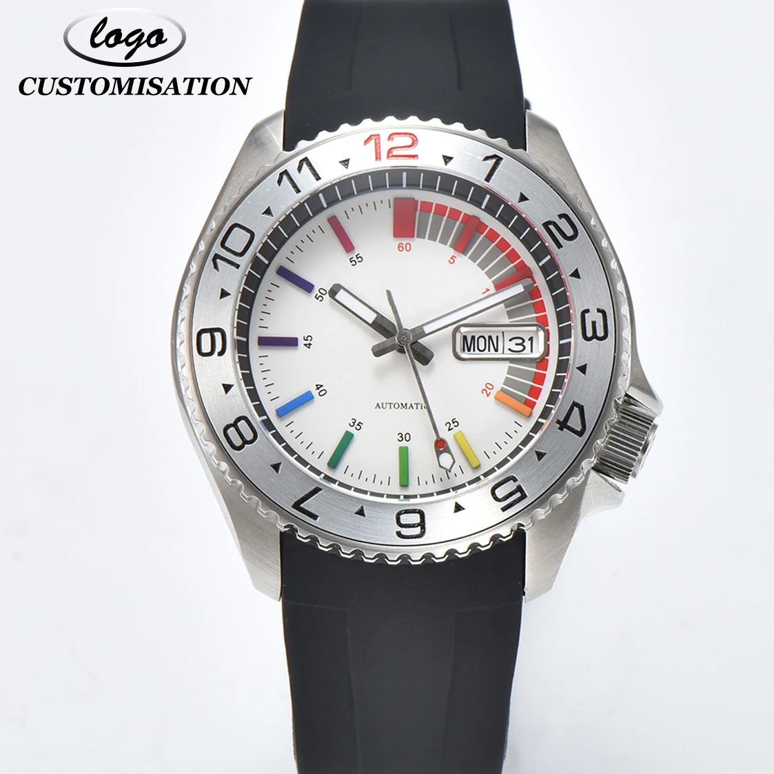 

Customisable LOGO Men's Automatic Mechanical Watch Rainbow Dial NH36 Movement Rubber Strap Waterproof Watch Casual Matching