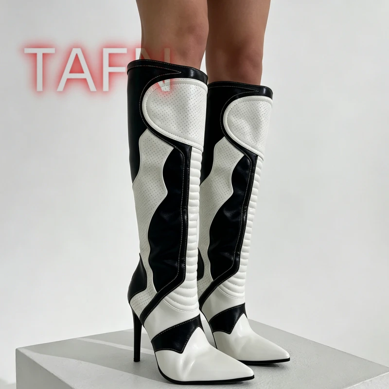 Patchwork Knee-High Boots Pointed Toe Stiletto Boots Women's Racing Biker Tall Heeled Booties Retro Motorcycle Fashion Footwear