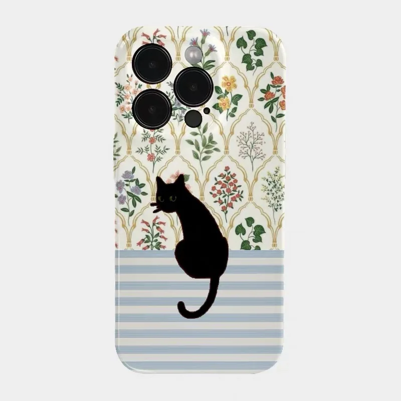 

Yellow Patchwork Floral Black Cat Phone Case for IPHONE 17 Air 16E 15 PROMAX 14 Plus 13 12 MINI 11 16Plus XR Acrylic Phone Cover
