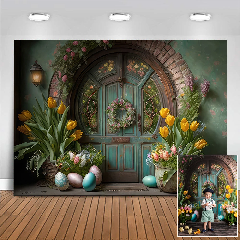 Rustic Easter Cottage Door Photography Backdrop Egg Tulip Flowers Decor Background Kids Birthday Cake Smash Photo Studio Props