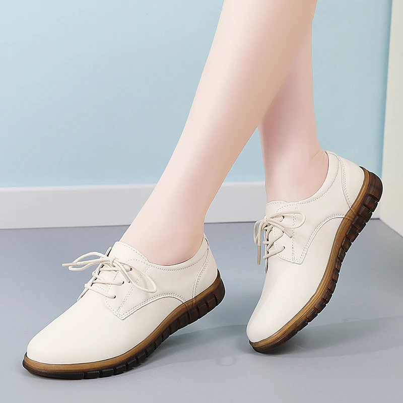 Size35-42 Women's All-Season White Black Leather Lace-Up Walking Shoes Versatile Business Casual Sneakers for Mom Work & Daily