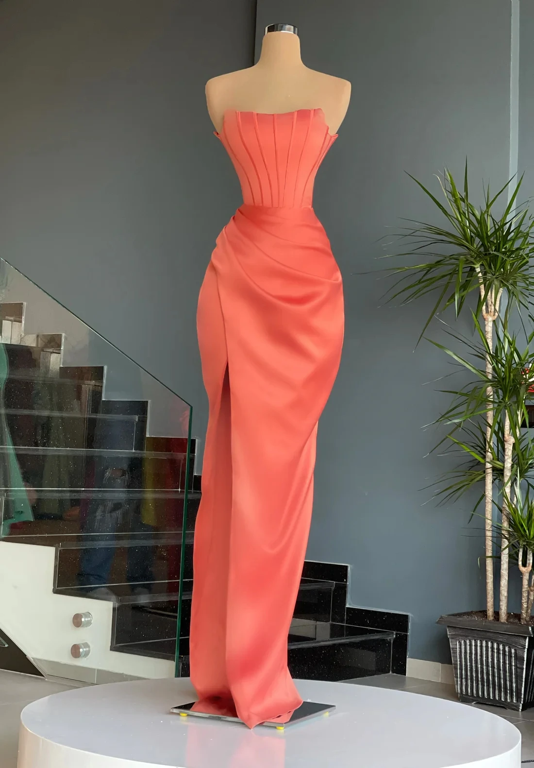 Haute Couture Prom Dresses Sheath Strapless Satin Slit Saudi Arabia Dubai Robe De Soiree Evening Dress Gown