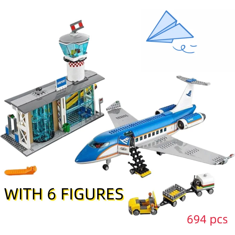 694 pcs City Series Airport Passenger Terminal Building Blocks Fit 60104 Set Home Decor Model MOC Assemble Toys For Kids Gifts