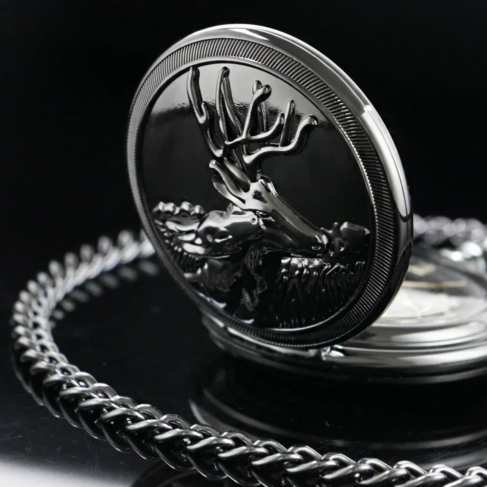 

Double Hunter Deer Sculpture Design Mechanical Pocket Watch Hand Winding Pendant Clock Roman Numeral Display Manual Pocket Clock