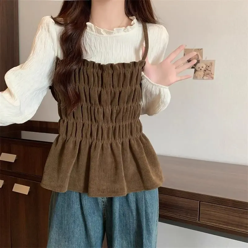 

Long Sleeve Fake Two-piece Korean Short Shirt Tops Spring Autumn New Contrast Pleated Fashion Blouse Casual Trend Women Clothing
