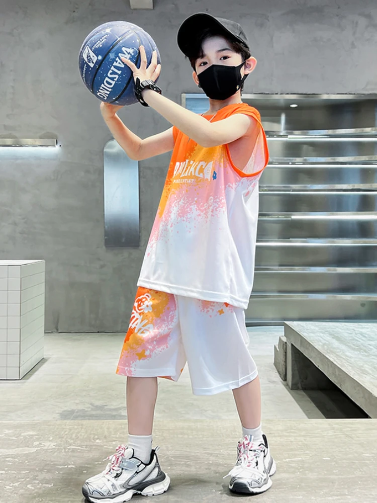 Summer Teenage Boy Clothes Set Children Gradient Tshirts and Shorts 2 Pieces Suit Casual Sleeveless Top Bottom Outfit Tracksuit