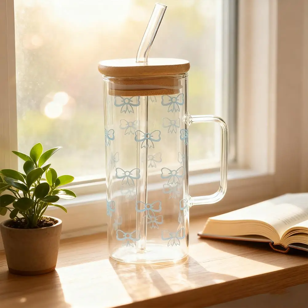 400 مللي ربطة القوس فيونكة كوب بقشة كوب زجاجي لطيف بهلوان ميسون جرة على شكل زجاجة ماء مع الأغطية مقبض ل كوب شرب عصير القهوة المثلجة