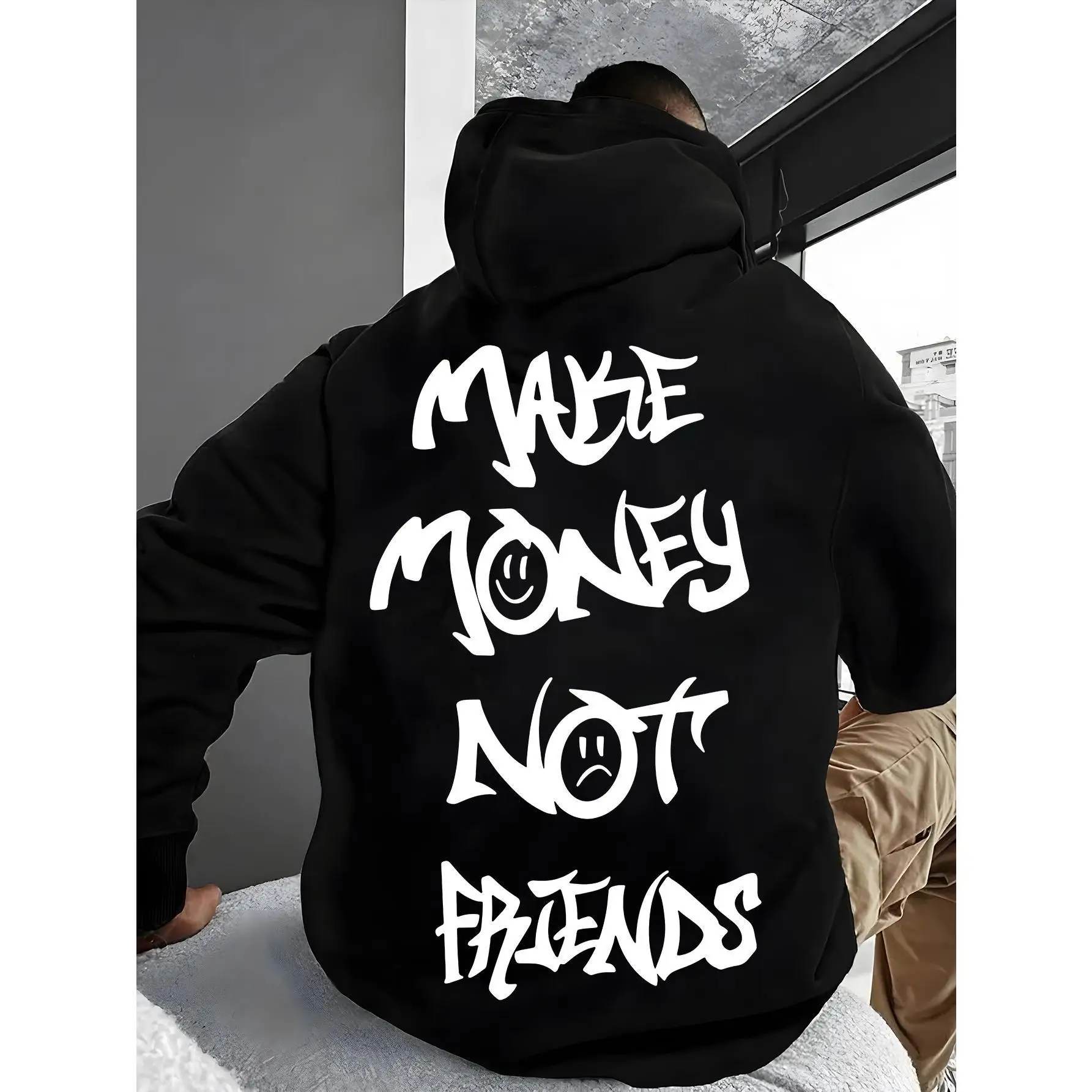 

Men Make Money Not Friends Hoodie Streetwear Graffiti Graphic Sweatshirt Funny Anti Social Slogan Loose Fit Casual Top