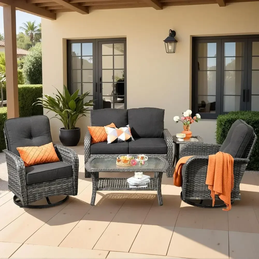 5-Piece Outdoor Patio Furniture Set with Swivel Rocker Chairs, Loveseat, Sofa, and Rattan Coffee Table, Ideal for Backyard, Porc