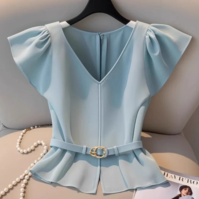 

Korean Nice Blue Solid Pull Sleeve Slim Fit Blouse V-neck Summer Elegant Shirts Women Temperament Office Lady Sweet Clothes