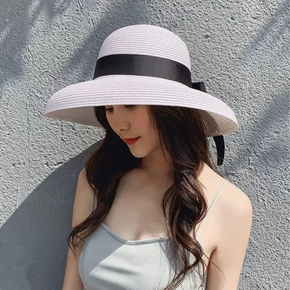 Elegant Breathable Straw Hat Large Brim Black Ribbon Sunshade Hat UV Protection Sun Hat Women - view 3