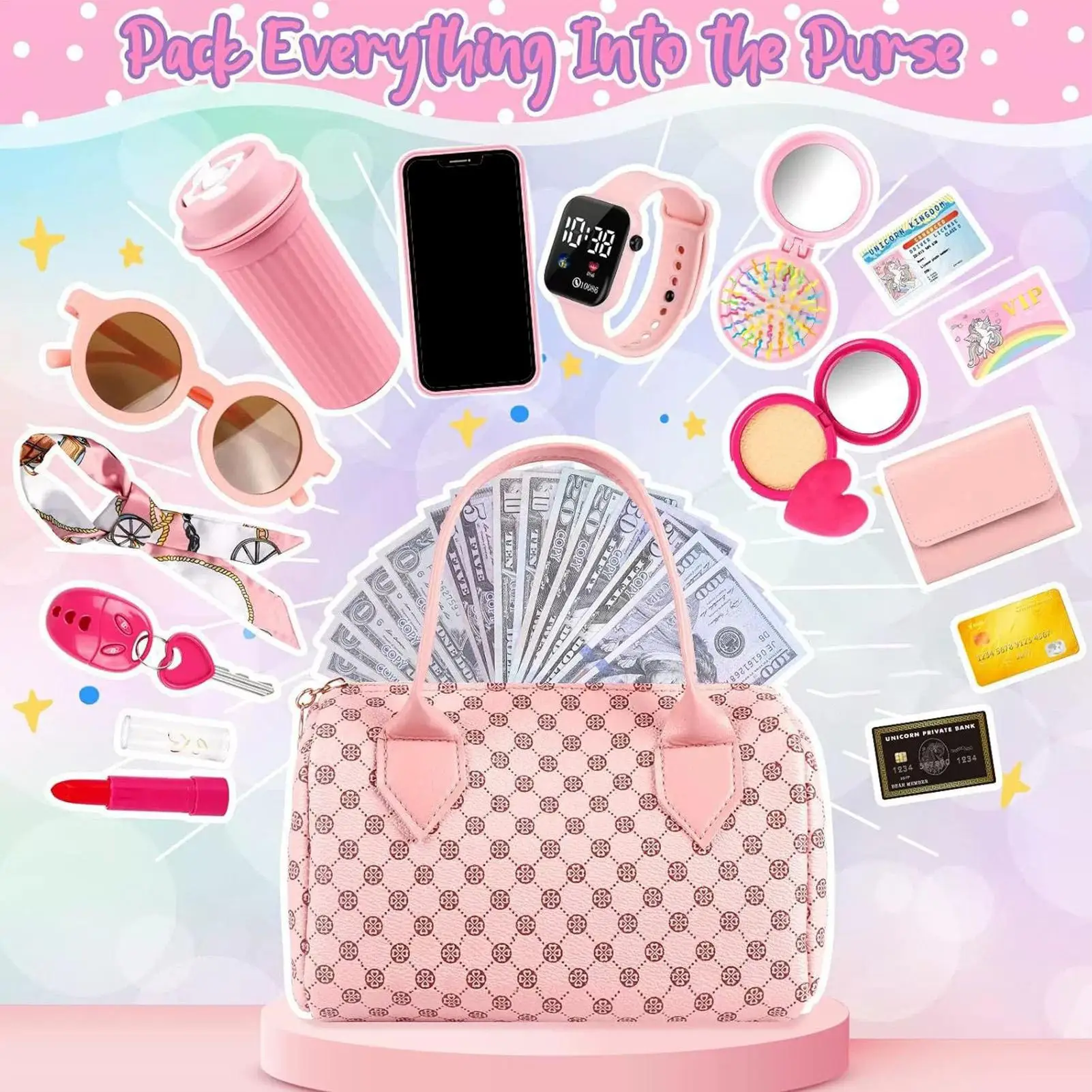 Princess Play Purse Set with Pretend Makeup Little Girls Toy Handbag with Phone Wallet Accessories Kids Birthday Christmas Gifts