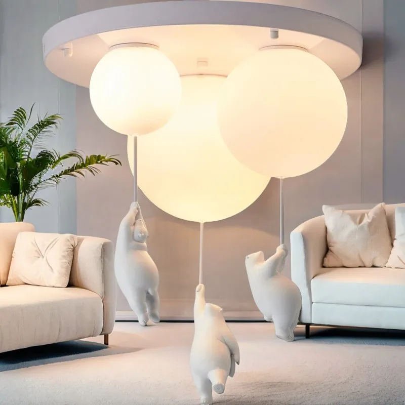 Modern Polar Bear Pendant Chandelier Creative Mike White Glass Ball Resin Indoor Kid Children Kindergarten Hanging Led Lamp Ring