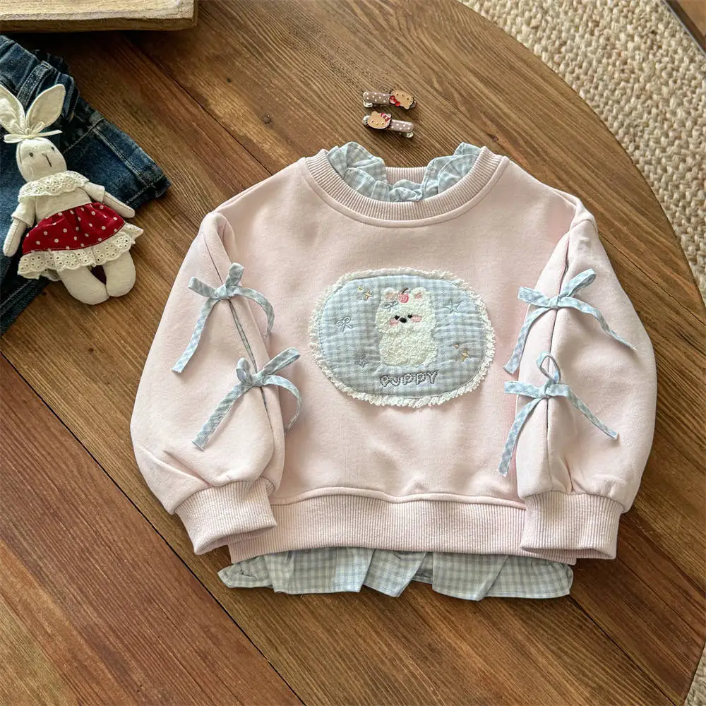 

Kids Girls Pink Hoodies Fake Two-pieces Long Sleeve Pullover Shirt Cute Dog Pattern Patch Plaid Bows Casual Sweatershirt 2-8Y