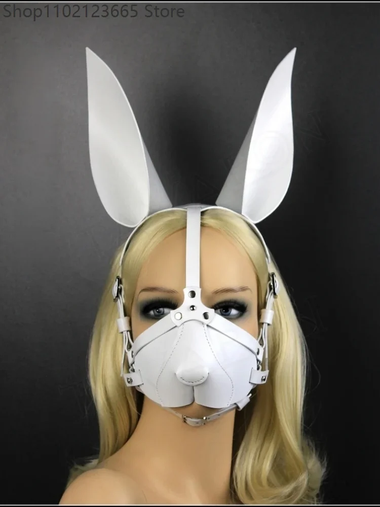 Faux Leather Long Bunny Ear Rabbit Mask Adjustable Harness Face Mask Adult Halloween Cosplay Masquerade Party Costume Accessory 6