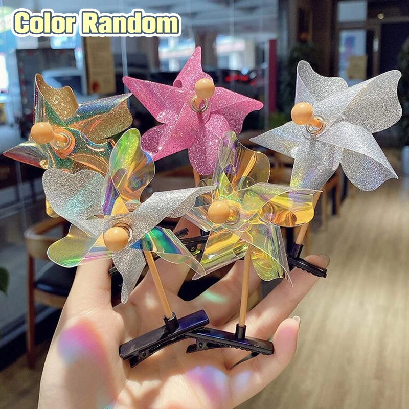 Cute Windmill Hair Clip Sequin Laser Child Girls Colorful Rainbow Duckbill Hairpin Plastic Sweet Barrettes Hair Headwear Student