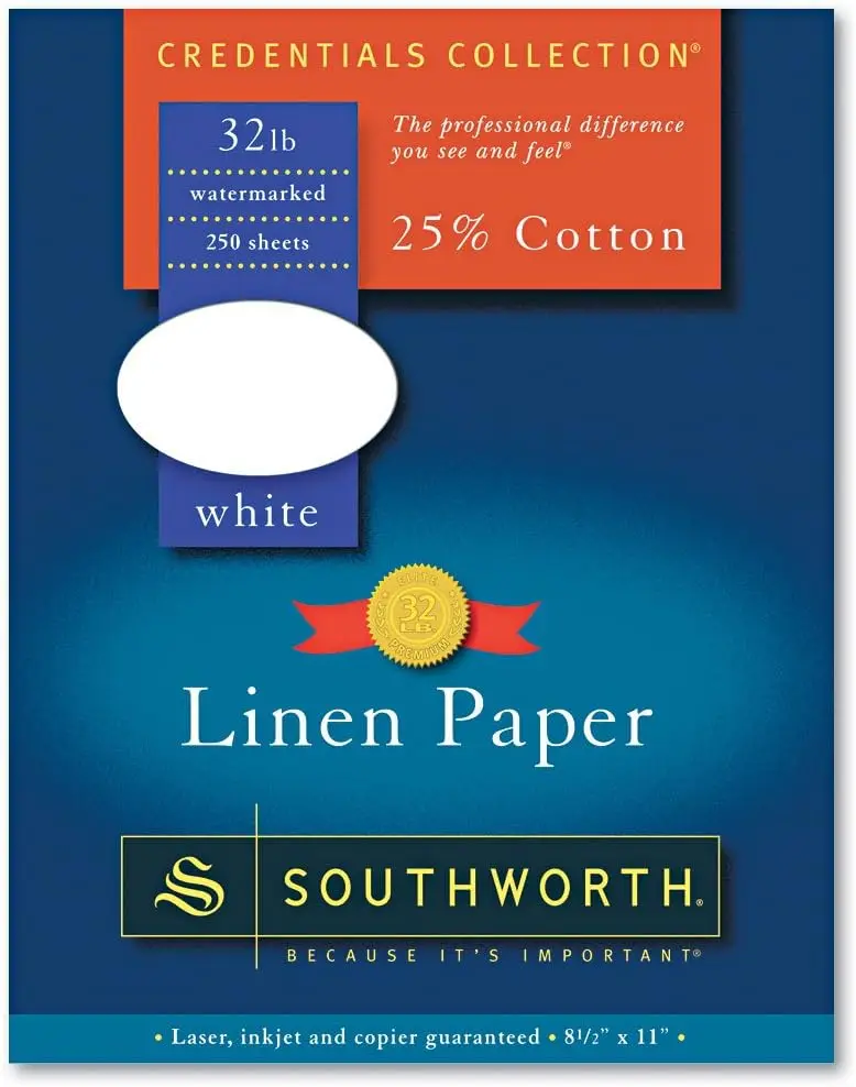 

Высококачественная деловая бумага из 25% хлопка и льна, 32 фунта, 8-1/2 x 11 дюймов, белая, 250 листов в коробке