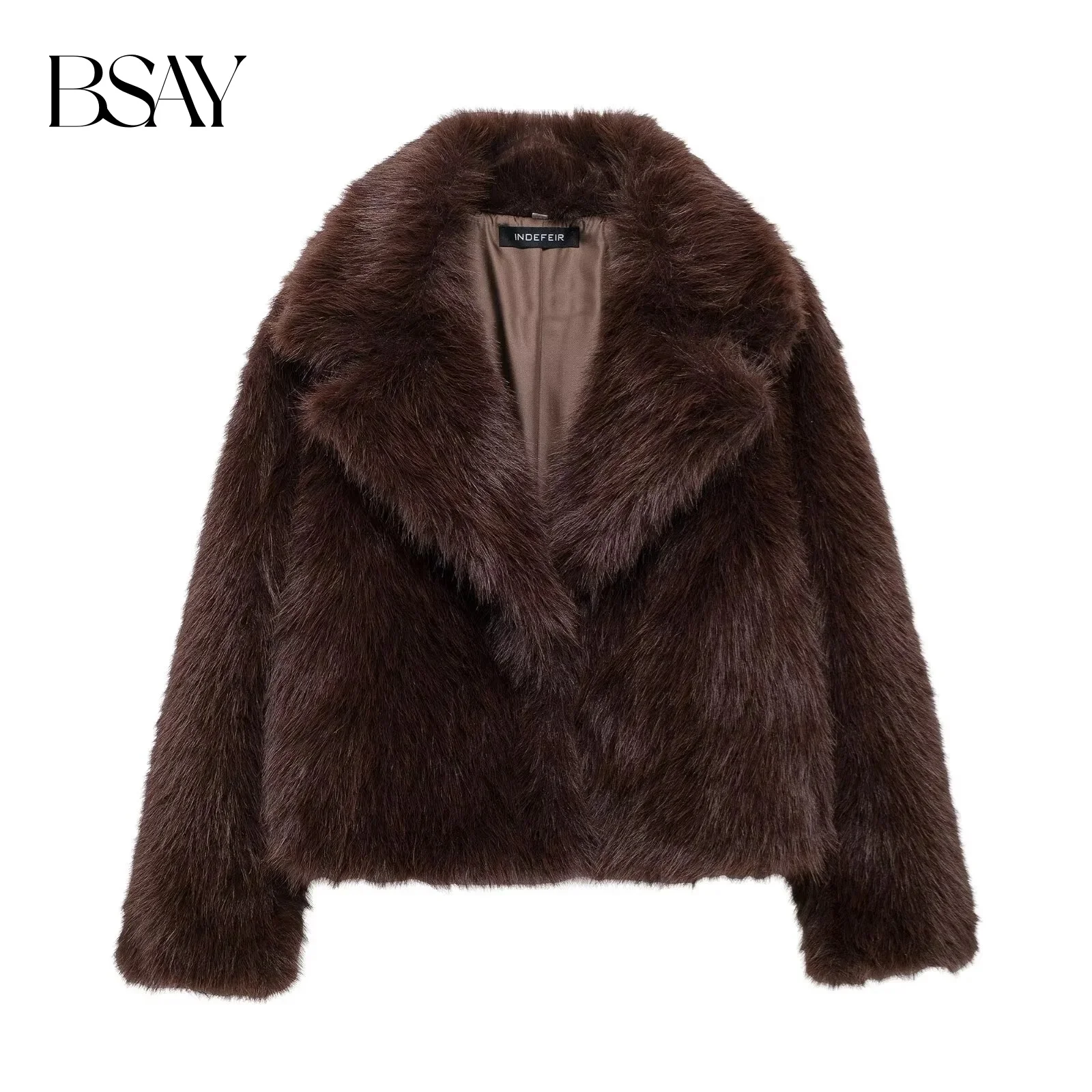 

BSAY Faux Fur Jacket for Women Fashion 2024 Winter New Artificial Fur Effect Lapel Long Sleeved Short Coats Chic Ladies Top