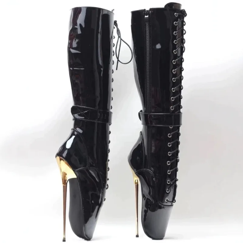 

Metal Heel 22cm Stiletto Heel Black Knee-High Long Boots Platform Round Toe Side Zipper Lace Up Ballet Boots Fashion Women Shoes