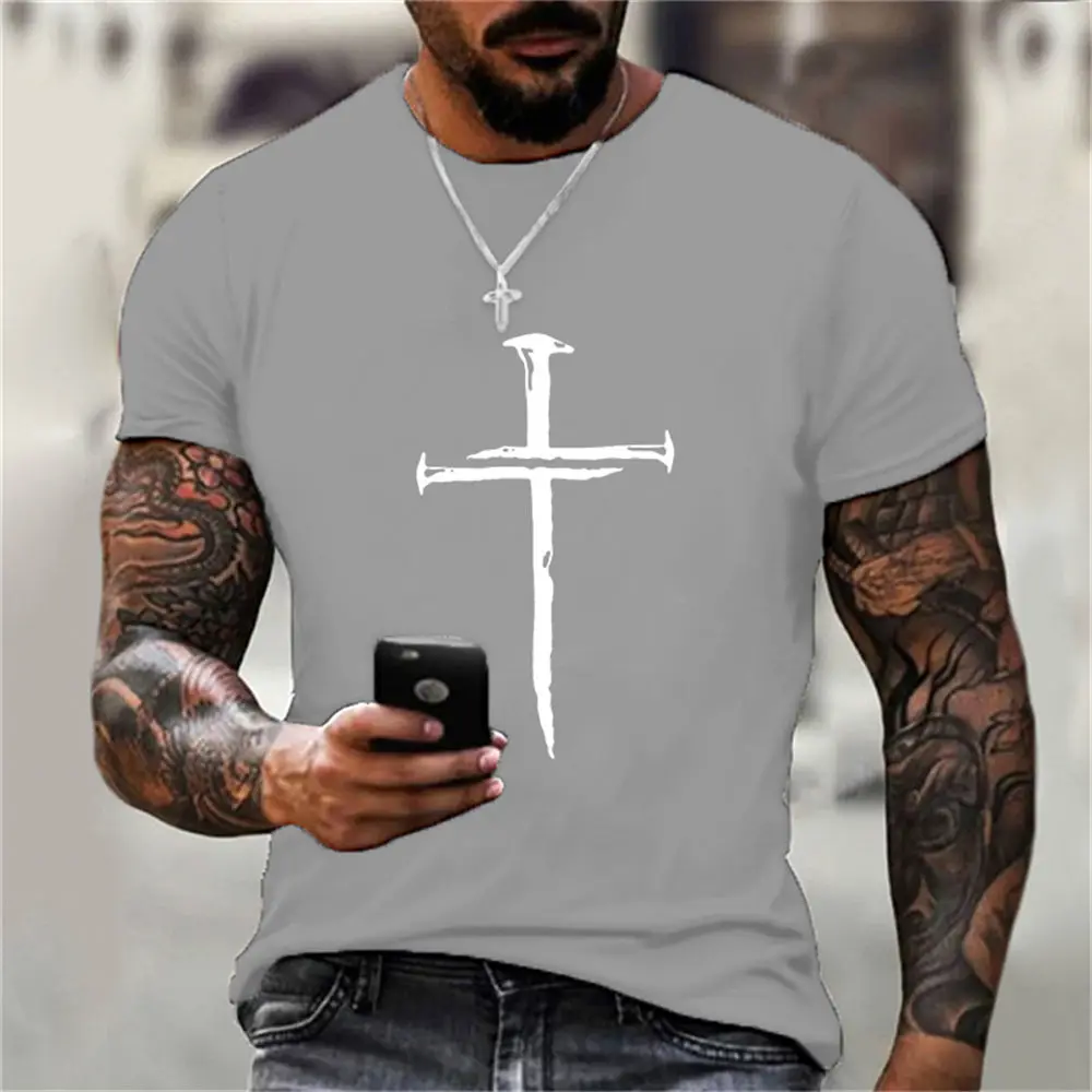 Men\'s T Shirt Personality Casual Jesus Cross Printed Hip Hop Short Sleeve Round Sport T Shirt Oversized Men Clothing Tops Summer