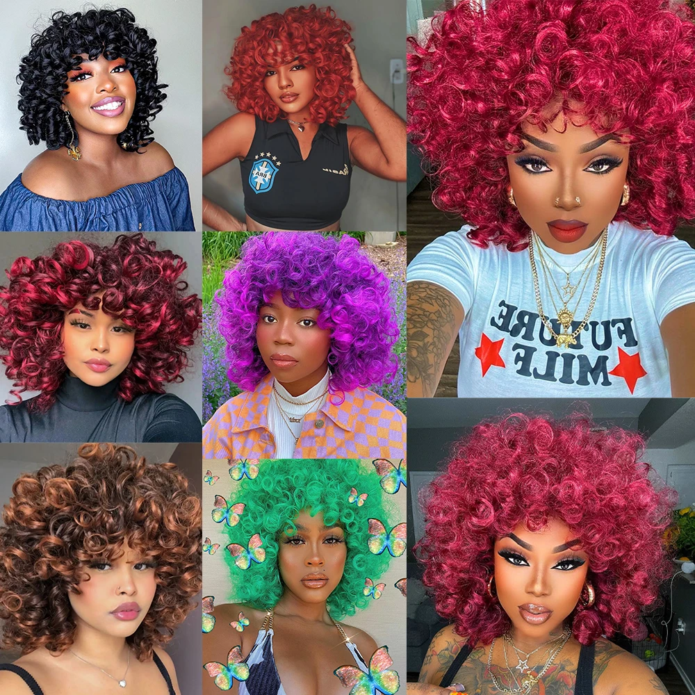 Curly Afro Wigs for Black Women Short Curly Wig with Bangs Kinky Curls Curly Hair Synthetic Wigs for African American Women