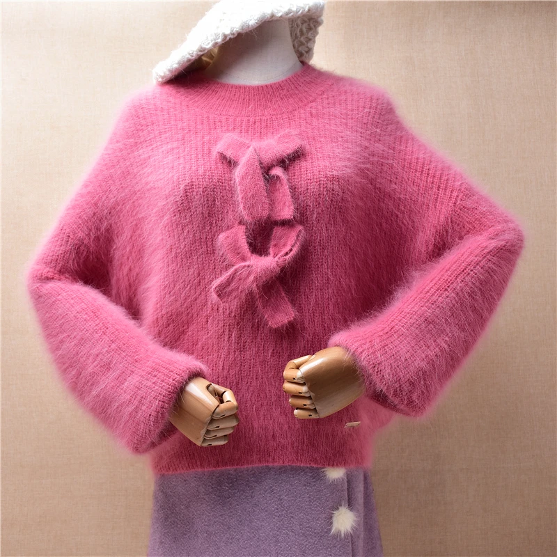 

Ladies Women Fall Winter Fashion Pink Bowtie Hairy Angora Rabbit Hair Knitted Long Sleeves O-Neck Loose Pullover Sweater Jumper