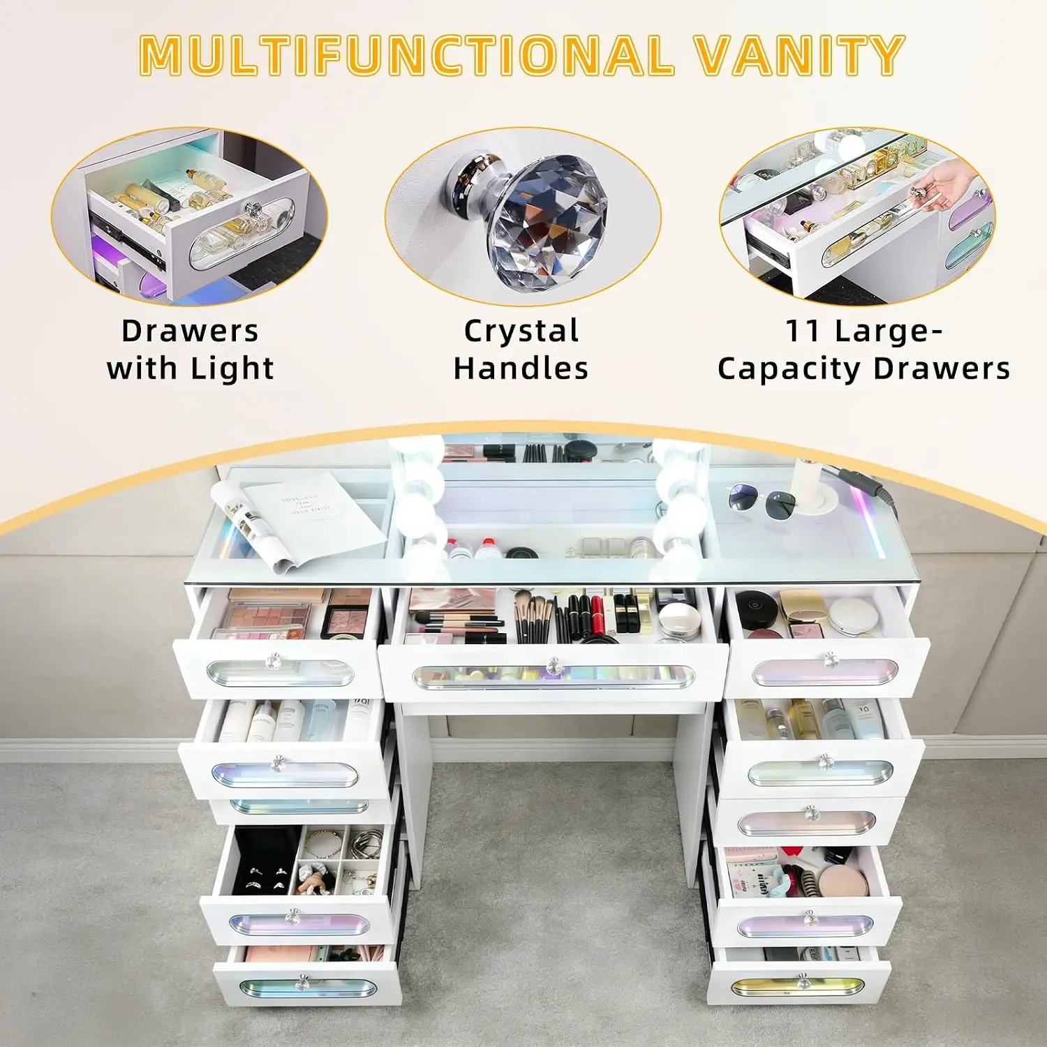 VANITII Makeup Vanity Desk with 11 Drawers and Mirror 60” Large Makeup Vanity Table with Glasstop RGB Light Dressing Table with