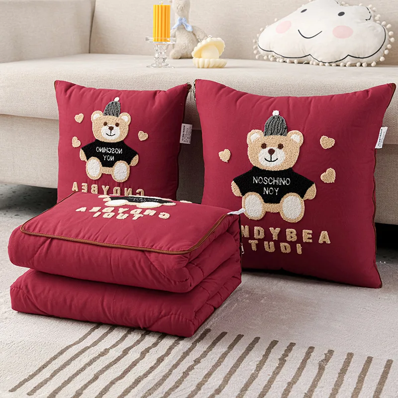 

2 In 1 Bear Embroidery Cushion Blanket Car Sofa Multifunction Foldable Patchwork Blanket Pillow Decor Air Conditioning Quilt