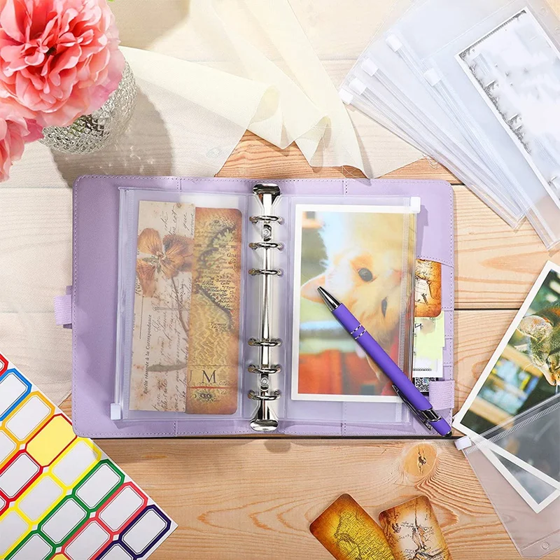 15 قطعة من مظاريف بلاستيكية مع مجلد دفتر ملاحظات من جلد البولي يوريثان للمستندات والبطاقات، أرجواني