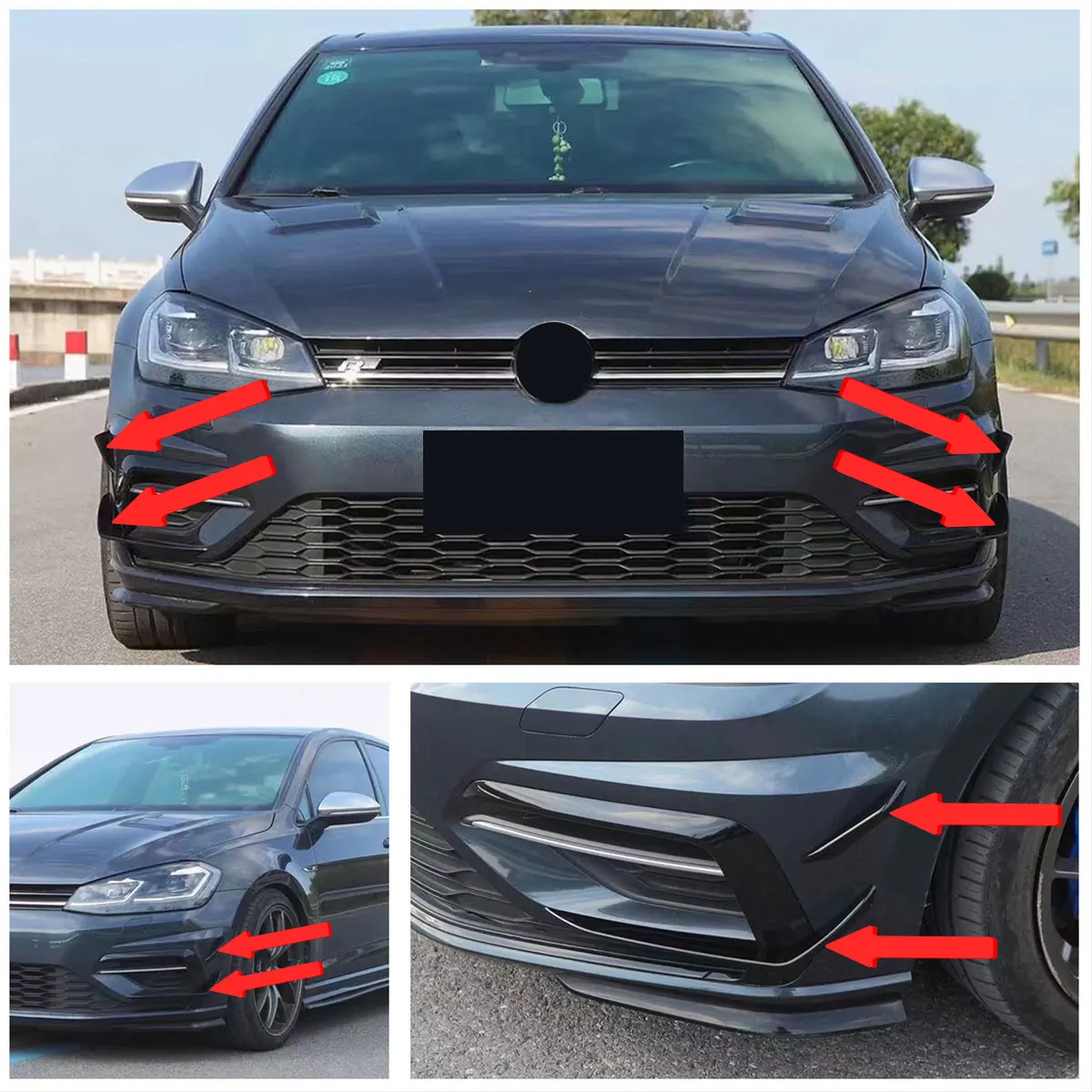 RevoZport Style Front Bumper Wing Kit Canard Wings For Volkswagen For VW Golf MK7.5 R R-Line GTI GTD 2017-2020 Side Splitters