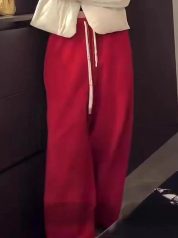 

Women's Autumn Winter Wide Leg Pants Faionable Versatile Outerwear Slimming Red Long Trousers Casual Straight Cut High Waist