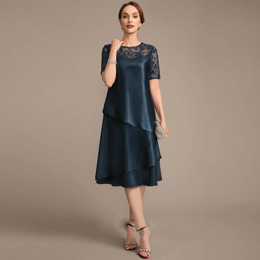 

Exquisite A-line Scoop Illusion Applique Knee-Length Lace Jersey Customized Mother Of The Bride Dresses