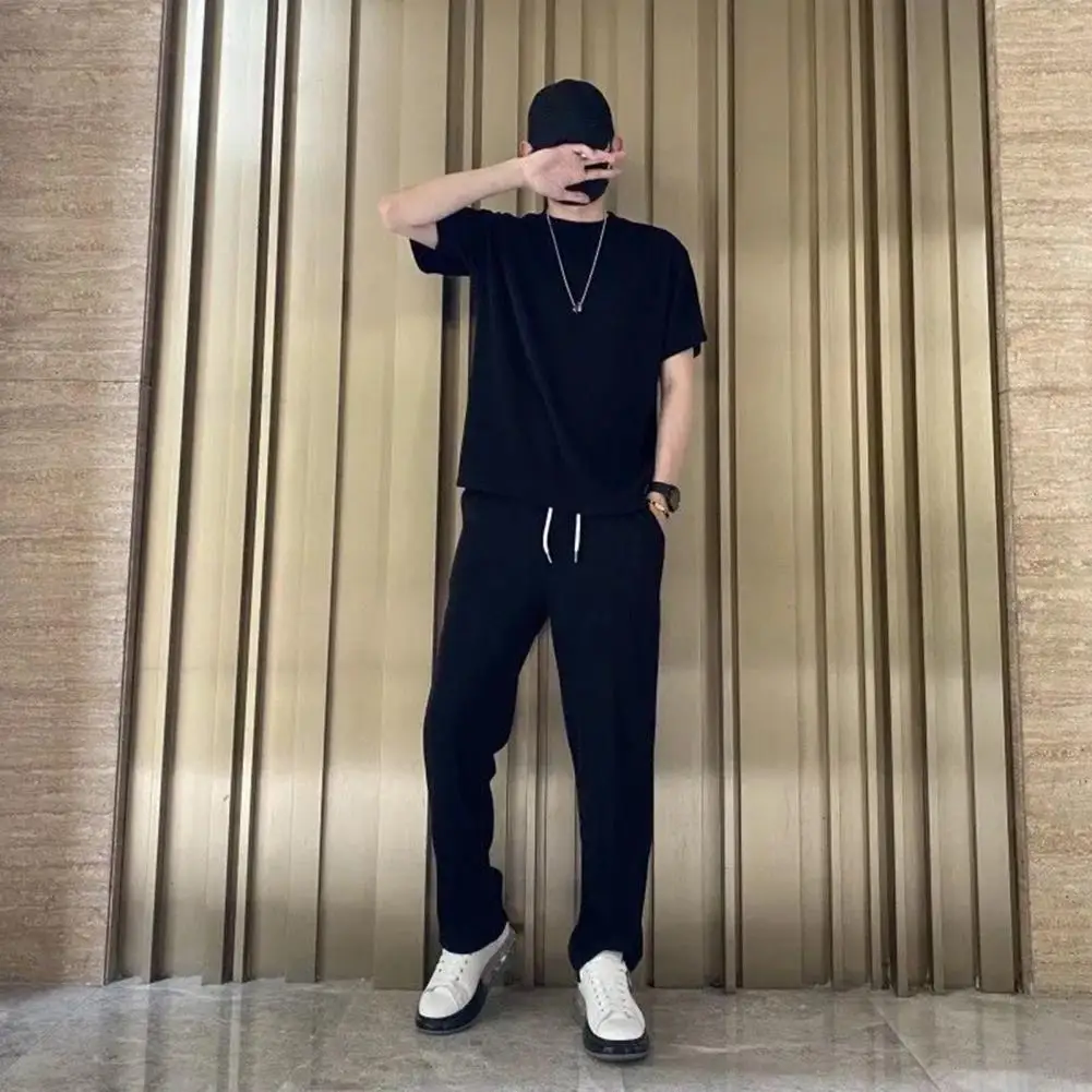 

Summer Clothing Men's Casual Tops Trousers Set Luxury Korean Streetwear O Neck Solid Drape Top +Trousers 2 Piece Suit 2024 New