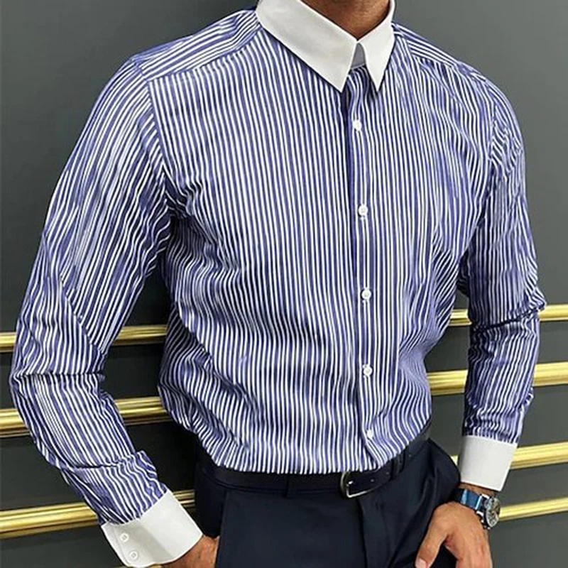 2025 Spring Autumn Mens Casual Shirts Long Sleeve Buttoned Turn-down Collar Patchwork Shirt For Men Vintage Striped Print Shirts