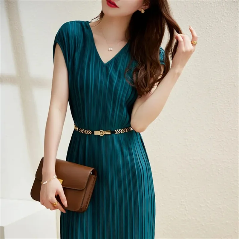 

Women's Fashion Dress 2024 New Summer Dresses Vestidos Folded Medium Length Style Slim Dress Casual Female Sundress With Belt