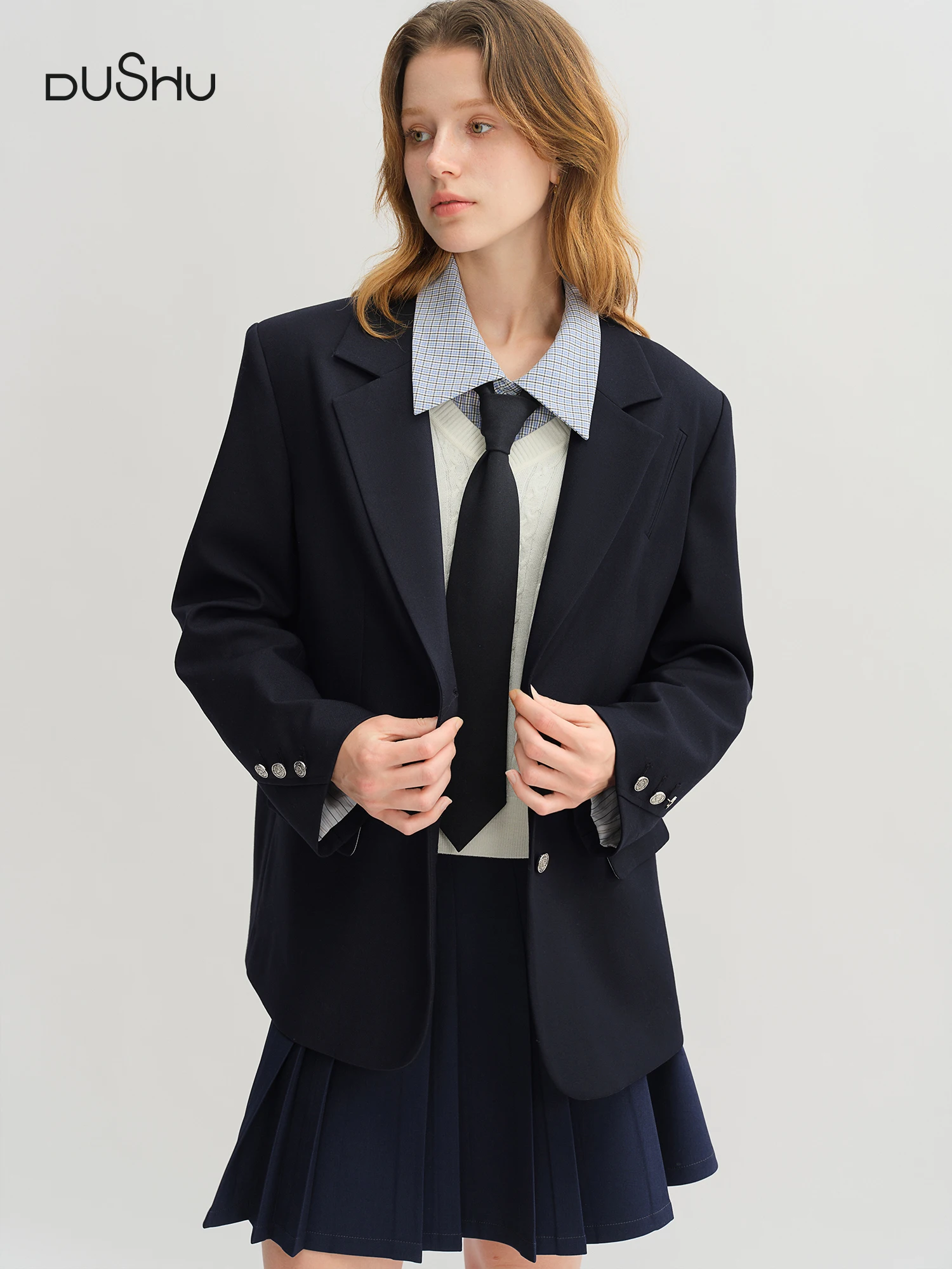 

DUSHU British College Classic Turnback Collar Blazer Shoulder Skirt Outfit Set 2025 New 25DS83324+25DS83104
