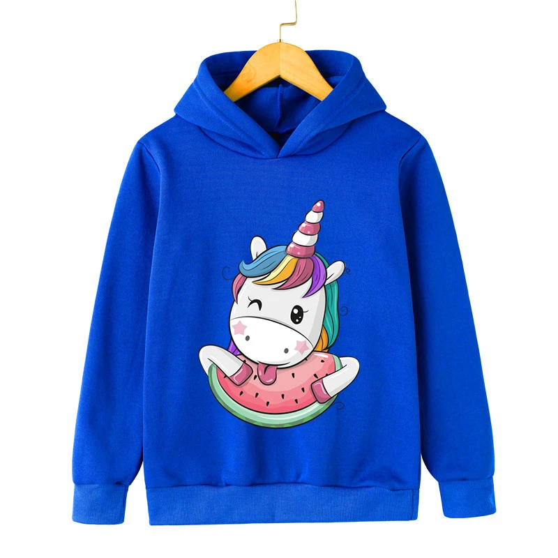 2024 Baby Boys Girls Hoodies Funny Unicorns Eat Watermelons Print Hoody Autumn Fashion Long Sleeve Cute Unicorn Kids Sweatshirts