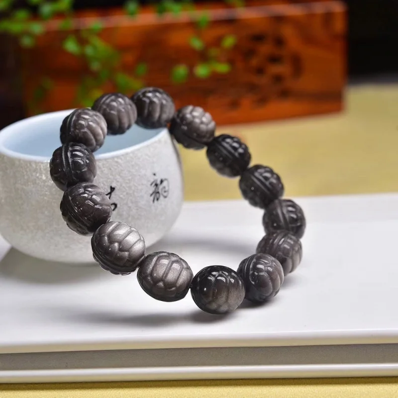 

Natural Silver Obsidian Double-Sided Round Bead Carved Bracelet 14Mm