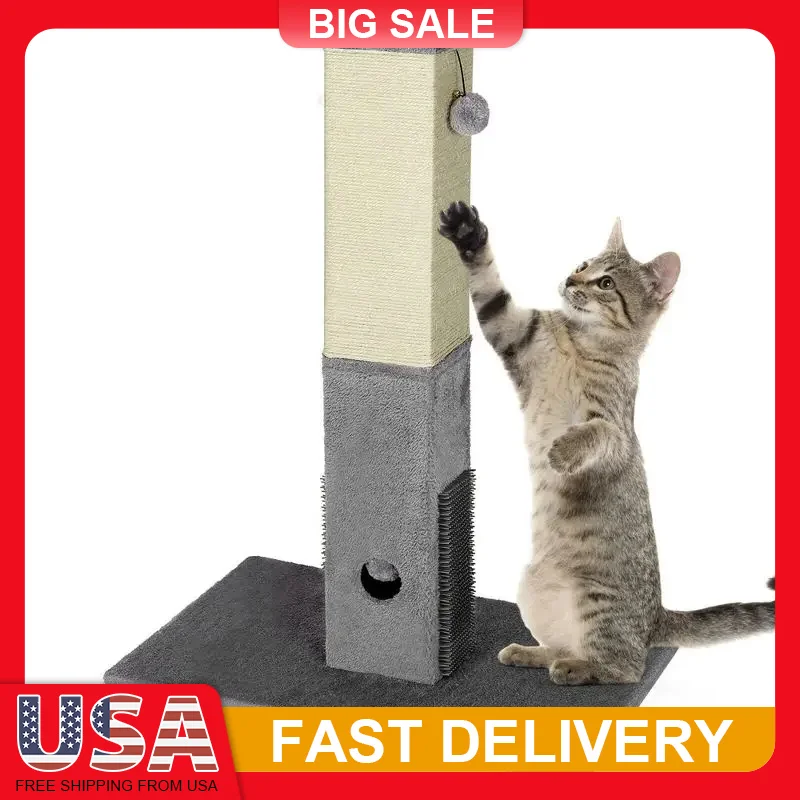 

31 Inch Tall Cat Scratching Post with Sisal Rope Plush Base Hanging Ball Toys for Indoor Cats Furniture Protector Gray